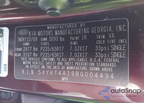 2011 Kia Sorento Lx из США, поврежденный, VIN 5XYKT4A19BG004494